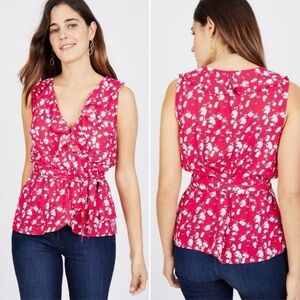 Max Studio Ruffle V-Neck Wrap Blouse Peplum Ruffle Red Tie Back Long Sleeve M